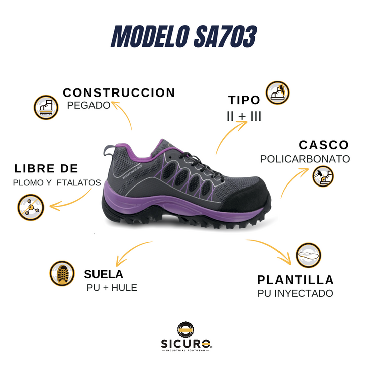 Tenis Sicuro Industrial Con Casquillo Para Dama Color Gris Morado