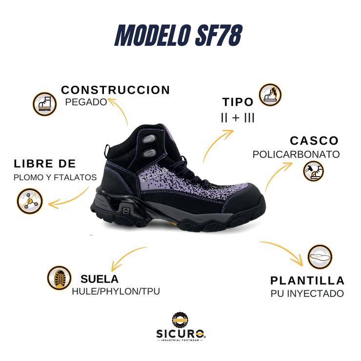 Bota De Seguridad Sicuro Forte SF78 Negro Lila Dama